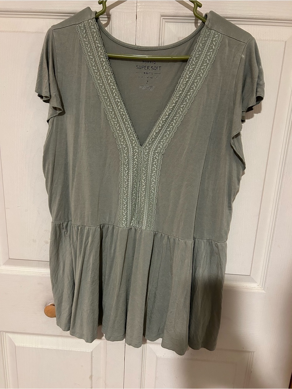 Torrid Sage Green V-Neck Lace Trim Women's Top